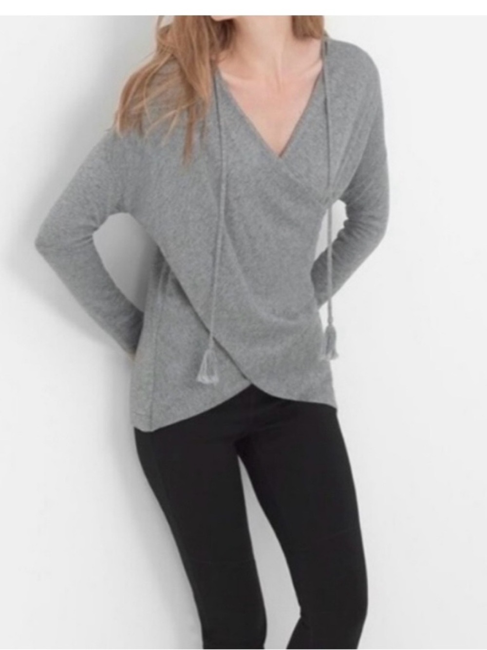 White House Black Market Grey Wrap V-Neck Sweater with Tassel Ties